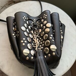 SOLD Saint Laurent YSL Black Leather Studded Bucket Bag Silver Hardware Auth
